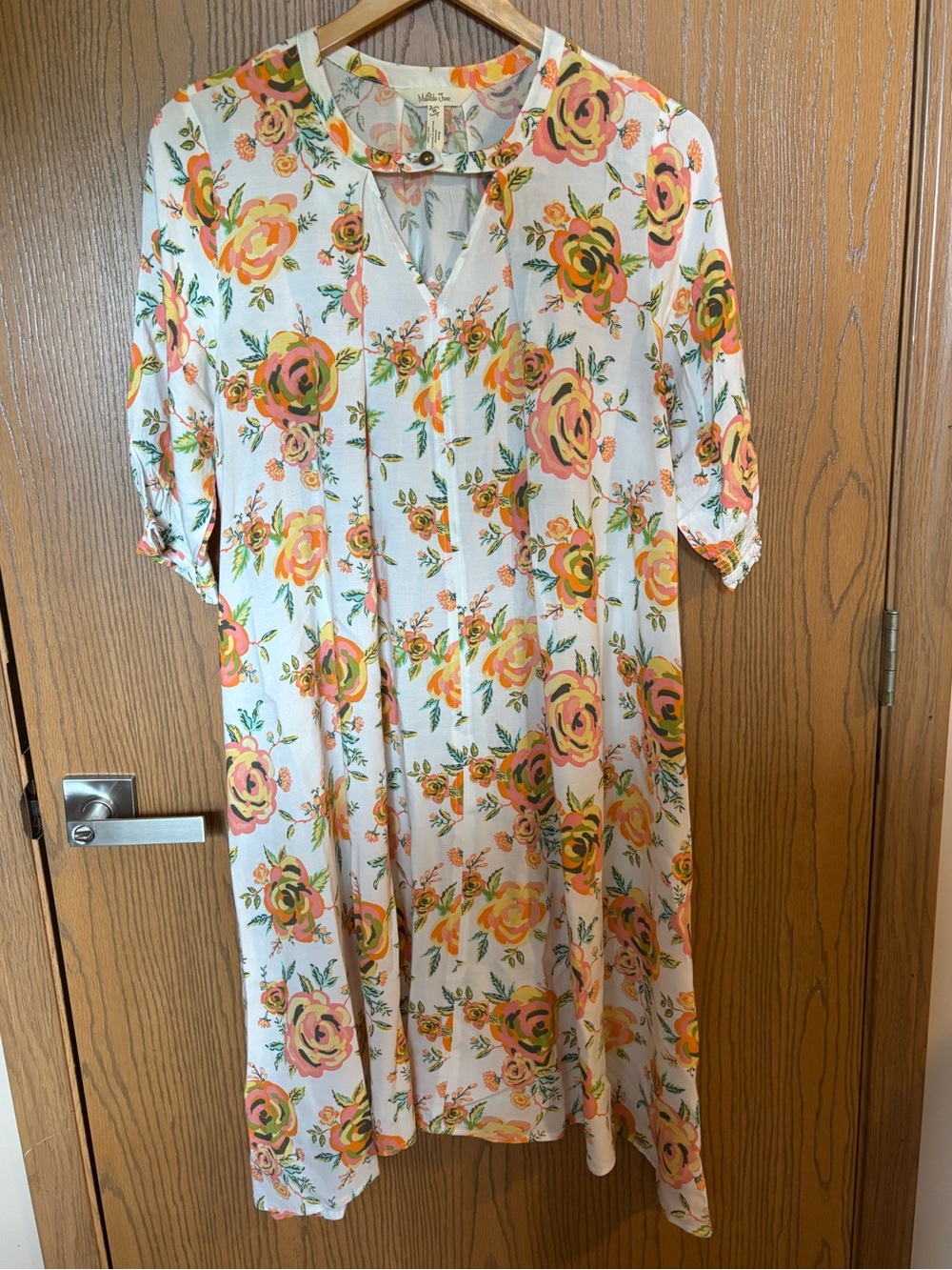 Matilda Jane Women’s Floral V-Neck Midi Dress in White with Pink & Yellow Roses